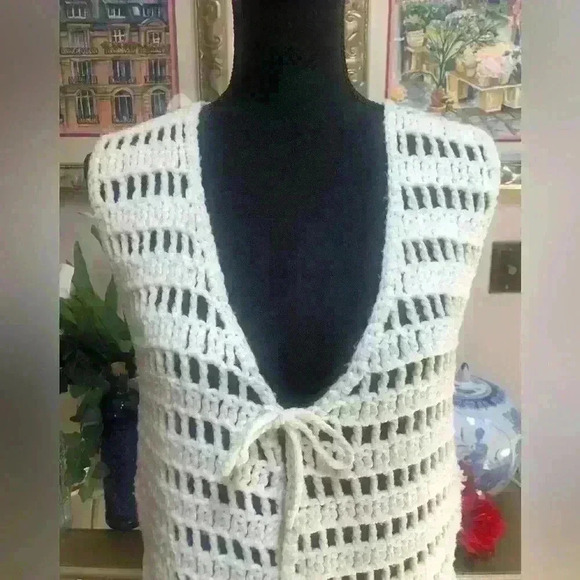 BOHO LONG WHITE OPEN CROCHETED VEST COUNTRY CONCERTS COASTAL COWGIRL SIZE S M L - Picture 6 of 10